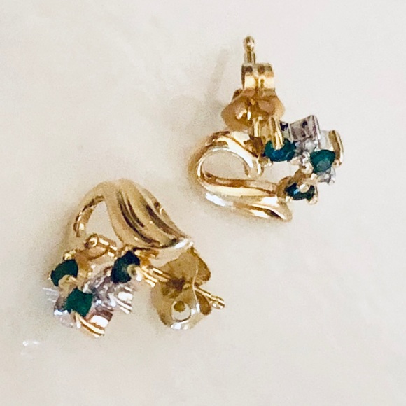 Jewelry - 14K Gold, Natural Emerald & Diamond Earrings